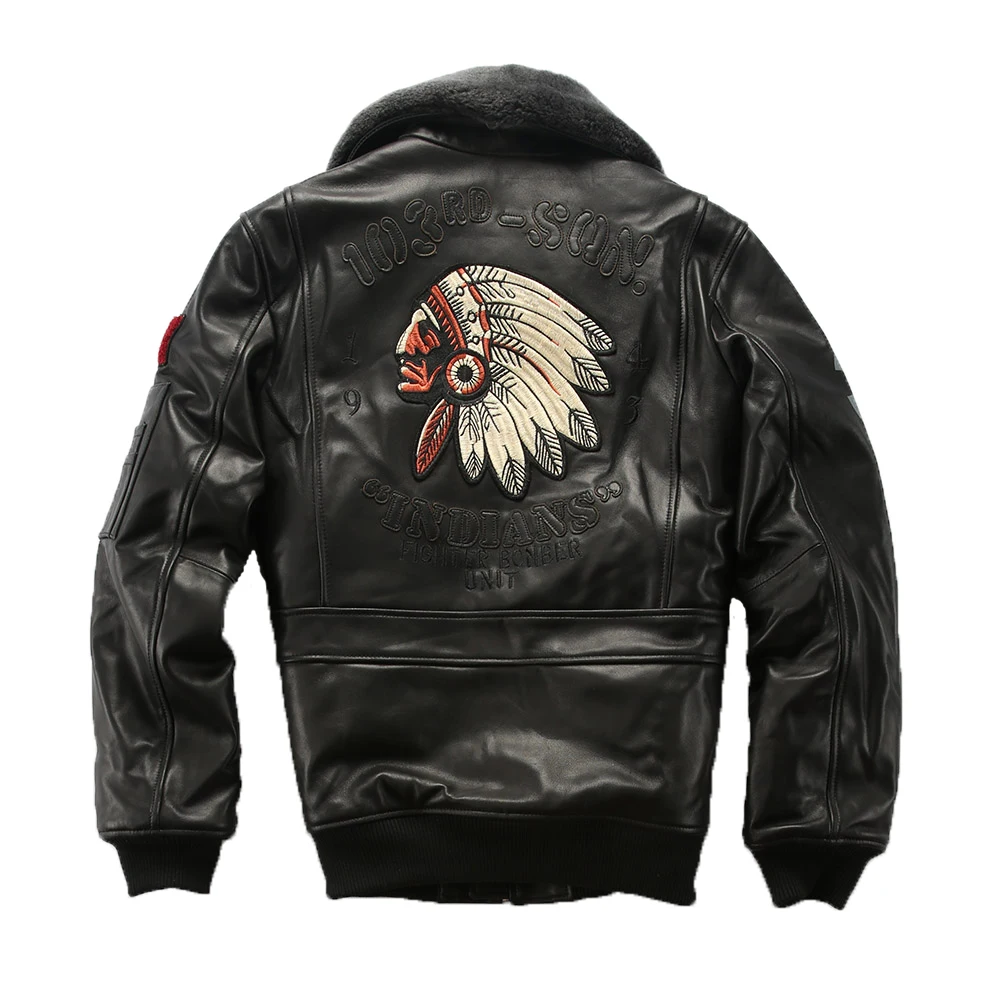 G1 Bomber Pilot Genuine Leather Jackets Embroidered Black Orange Men's Winter Cotton Coats