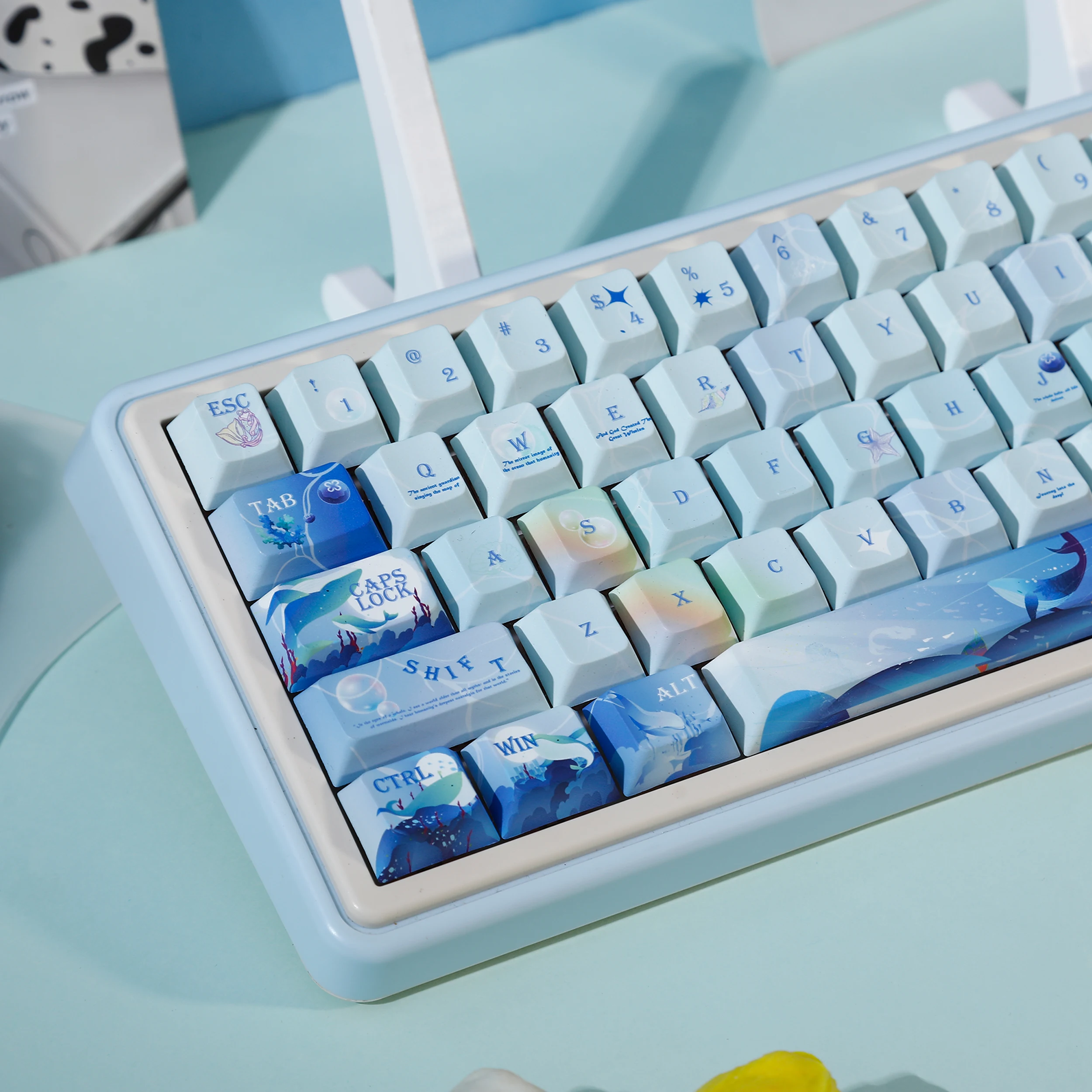120 Keys Whale Theme Keycaps Cute Blue Game Key Cap Set Cherry PBT Key Cap Opaque Keycap for Made68 Mad68 Wooting 60