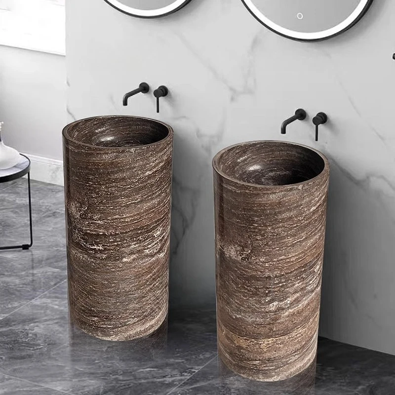 

Modern simple natural marble travertine column basin integrated floor art washbasin