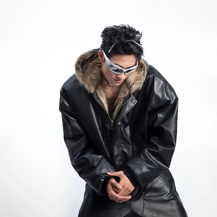 

2024 New Hooded Thickened Warm Winter Men's Thickened Two Sided Coat PU Coat Trendy