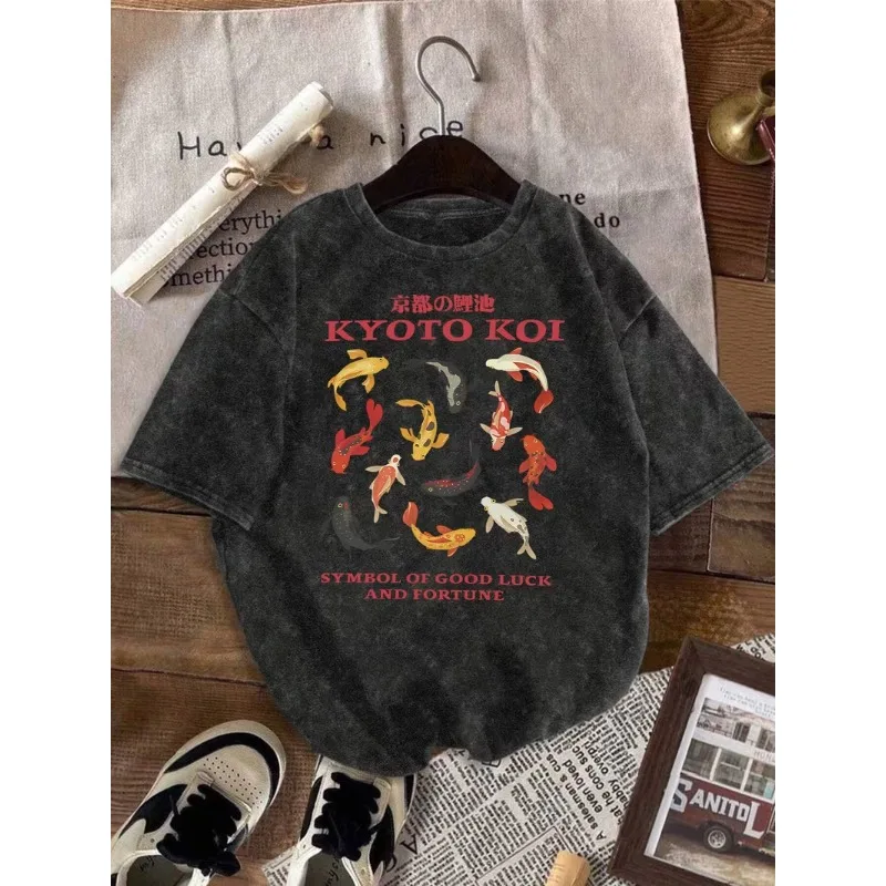 Vintage Washed Kyoto Koi Fish T-Shirt Retro Japanese Good Luck Fortune Koi Print Oversize Short Sleeve Loose Fit Crew Neck Top