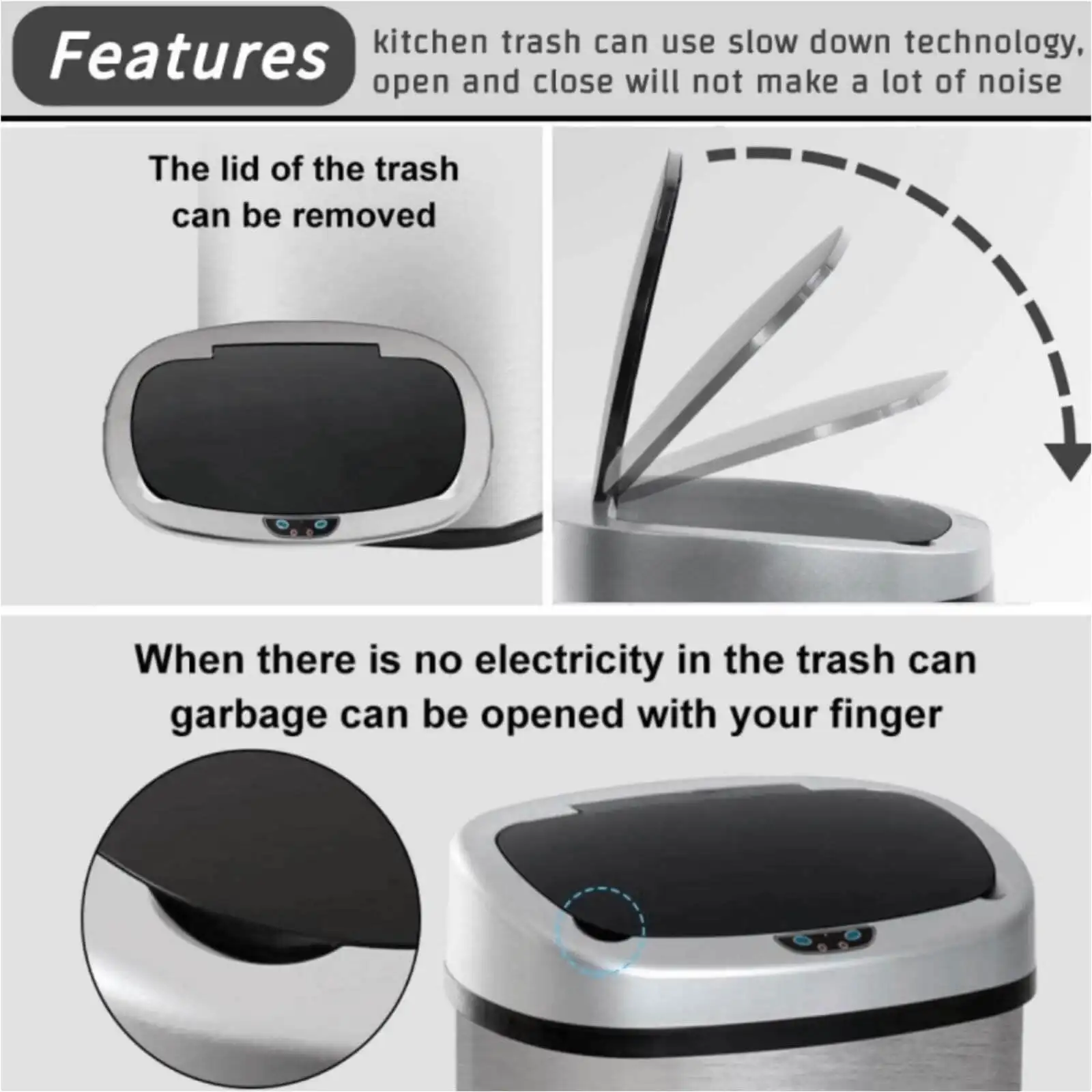 Kitchen Trash Can with Lid, 13 Gallon Automatic Stainless Steel Garbage Can with Touch-Free & Motion Sensor image 4