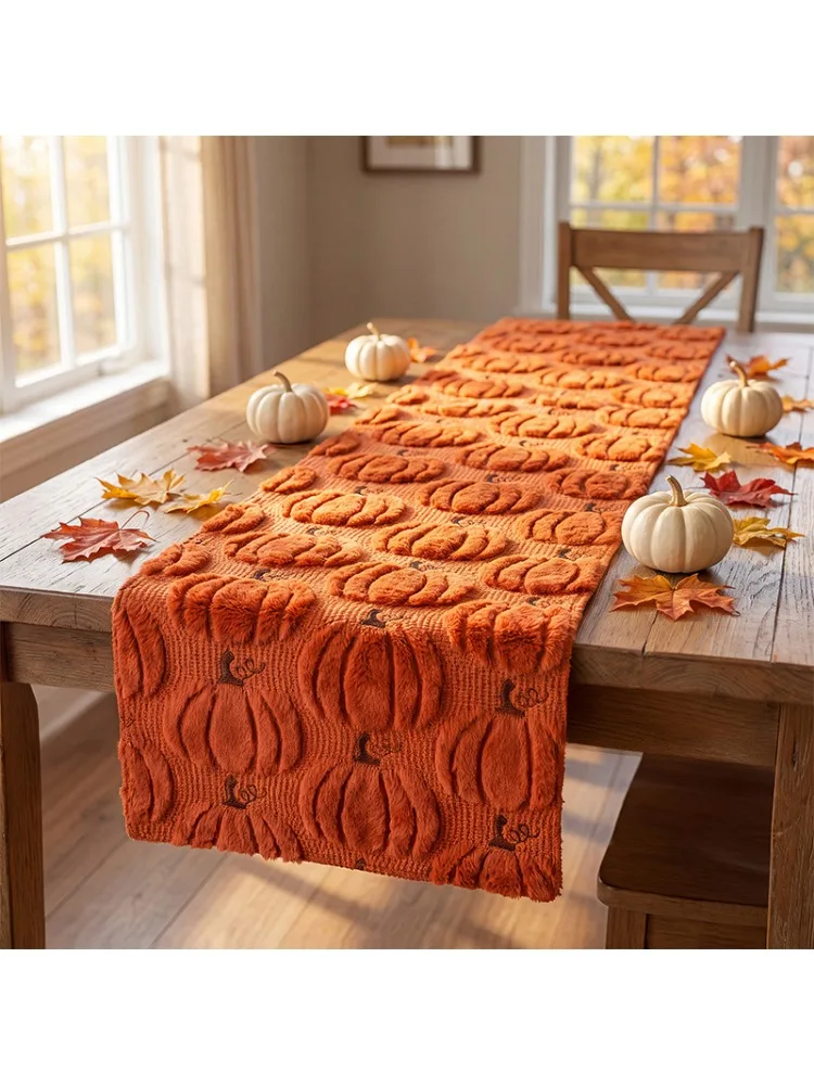 Halloween-Tischläufer mit weichem, flauschigem Kürbis-Motiv, für Bauernhaus-Küche, Esszimmer, Thanksgiving, Herbstparty, warme Herbst-Tischdekoration