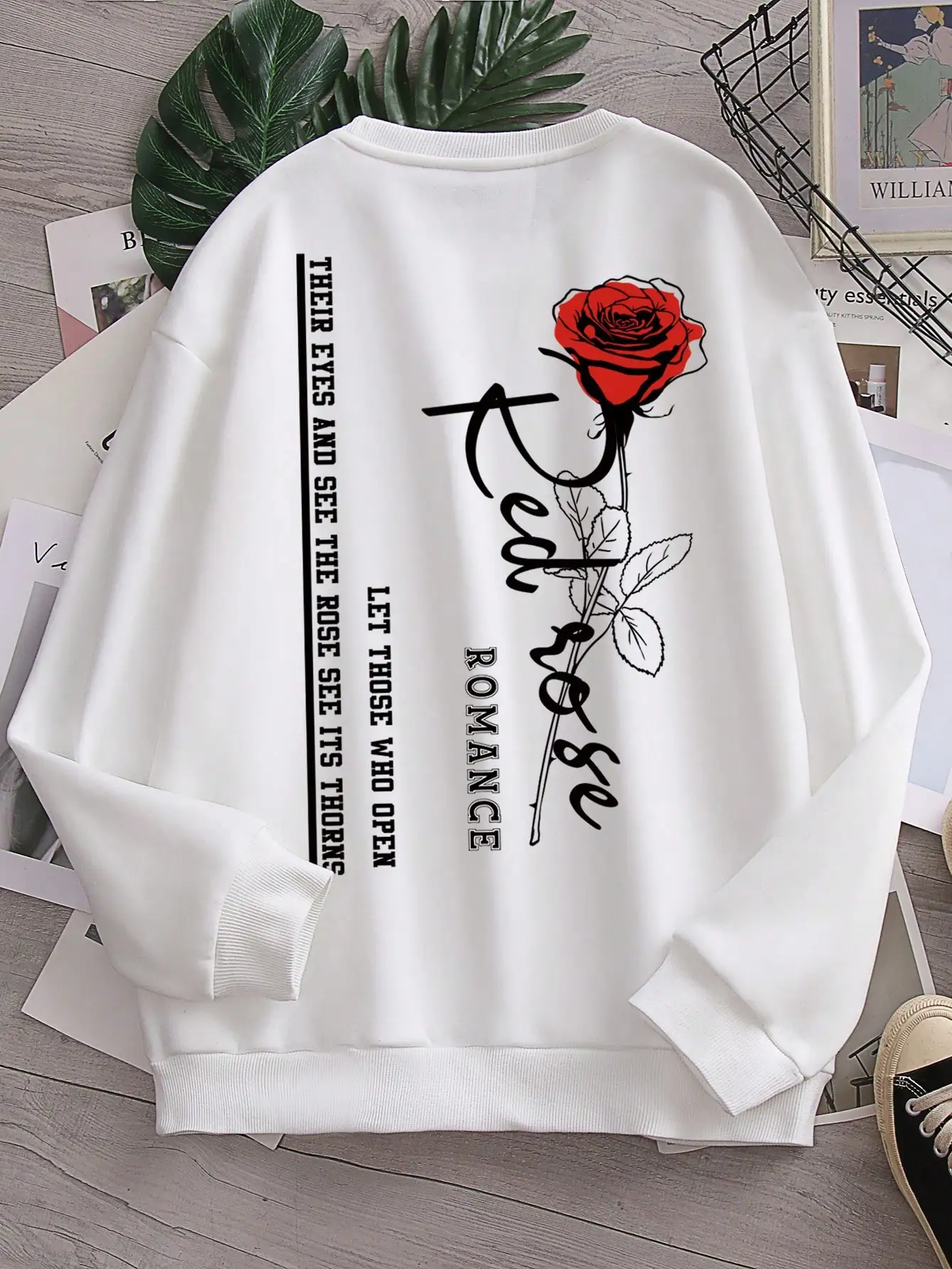 Harajuku Romance Red Rose Flower Printed Men Women Sweater Fashion Warm Hoody Funny Loose Streetwear Hip Hop Fleece Clothing