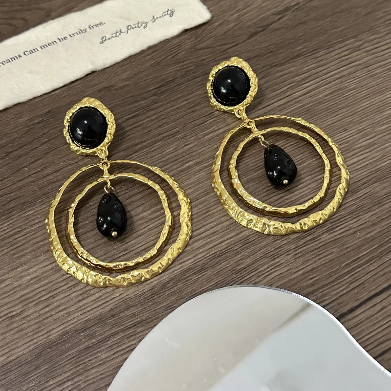 Modenschau Legierung Goldene Schwarze Stein Baumeln Ohrringe für Frauen Schmuck Barock Stil Party Kleid Aussage Ohrringe Zubehör – Detail 4