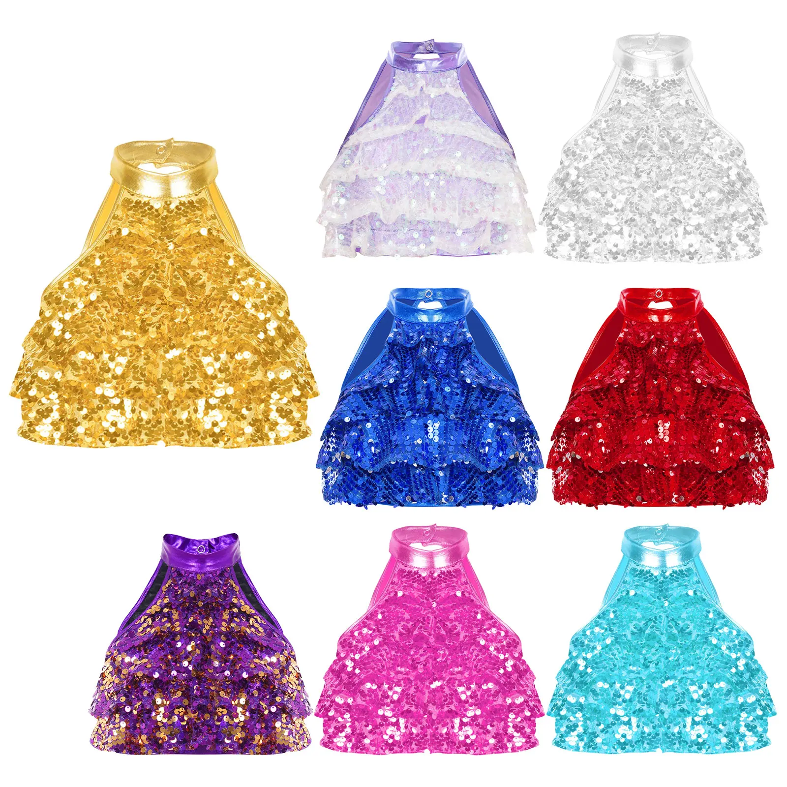 Kids Girls Shiny Sequins Crop Tops Sleeveless Mock Neck Tiered Vest Top Latin Jazz Dance Competition Stage Performance Costumes