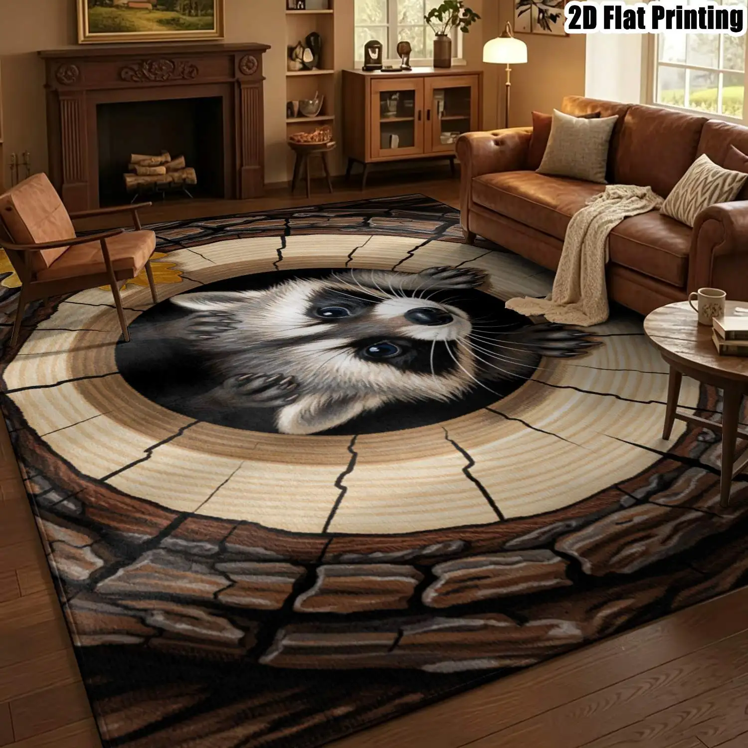 1Pc 2D Printed Log-Raccoon Pattern Nordic Carpet, Instagram-Inspired Modern Minimalist Geometric Striped Floor Mat, Home Decor, Multi-Size, Machine Washable, Suitable for Entrance, Dining, Foyer, Bedroom, Living Room