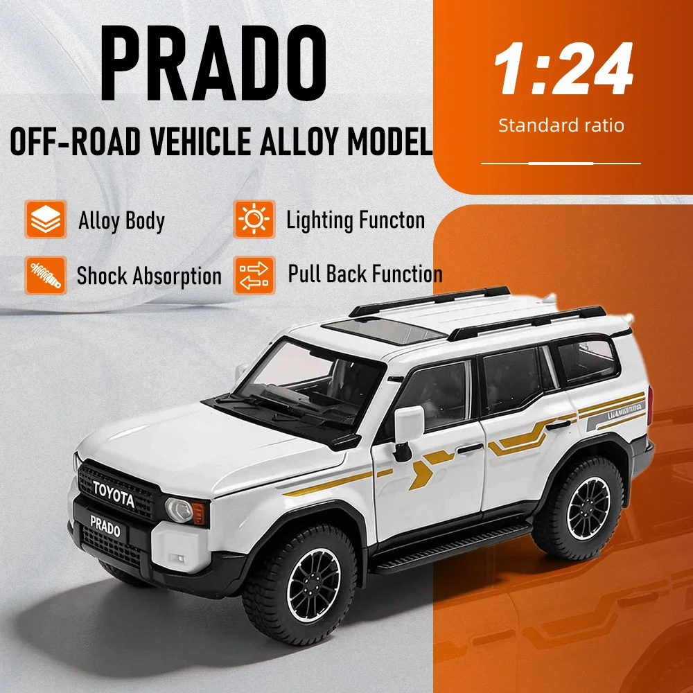 

Масштабная модель внедорожника Toyota Prado 1:24, литая из сплава, со звуком, светом, амортизацией и поворотными передними колесами, украшение для стола