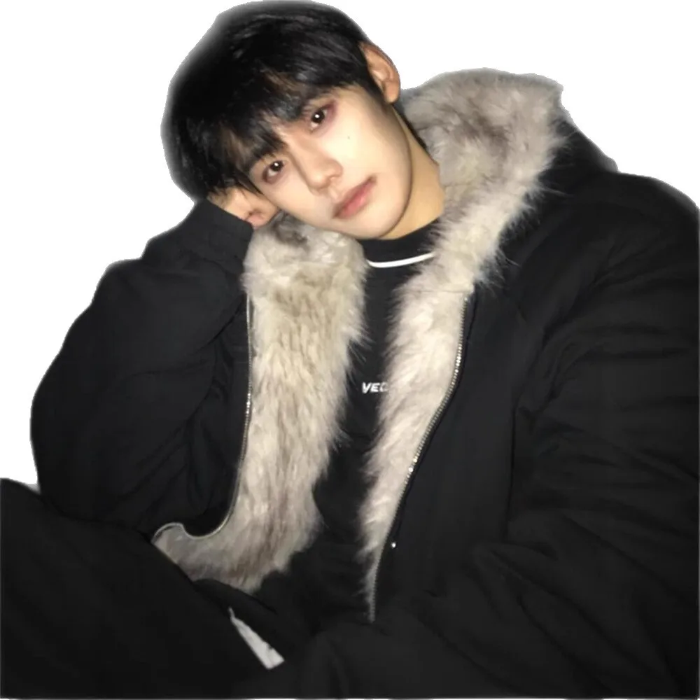 الرجال الفراء طوق معطف مبطن بالصوف 2025 الشتاء سميكة سترة قطن كبيرة الفراء طوق مقنعين الدافئة قصيرة نمط مبطن ملابس خارجية #5