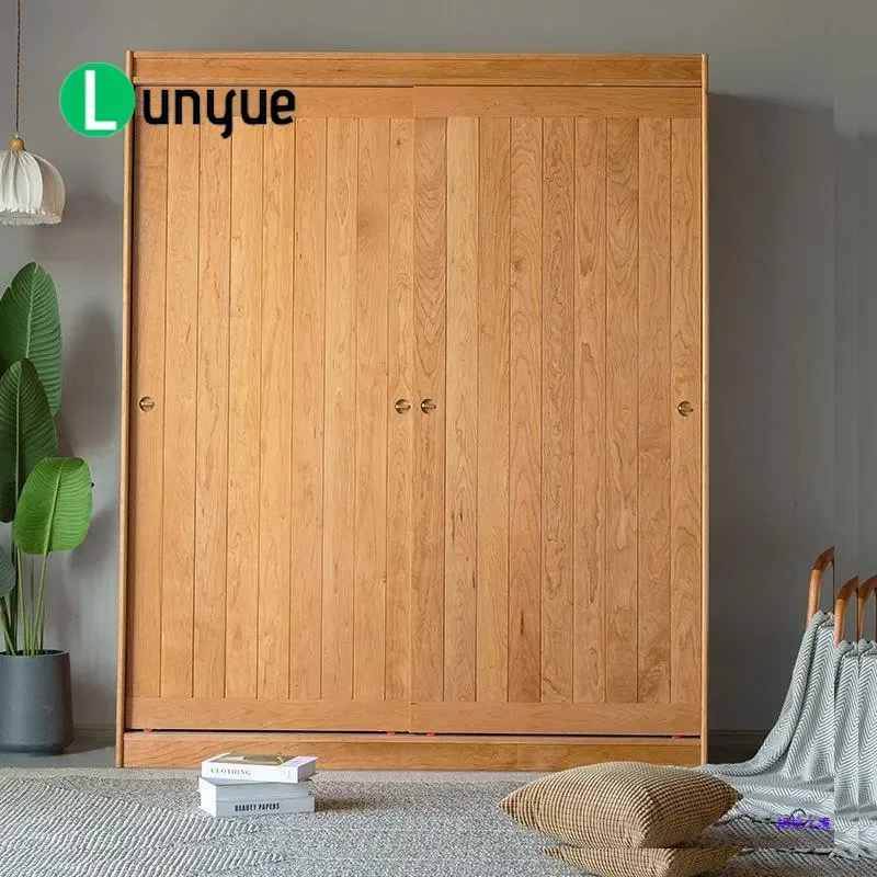 Solid Wood Cherry Red Oak Wardrobe Large Sliding Door Cabinet Light Luxury Simple Nordic Style Bedroom Furniture Storage