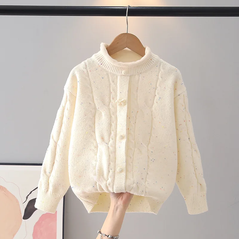 2026 Elegant Speckled Cable-knit Pullover for Kids Girl Stylish Fake Two-piece Clothes with Bow-knot Button Girl Sweater JY07241