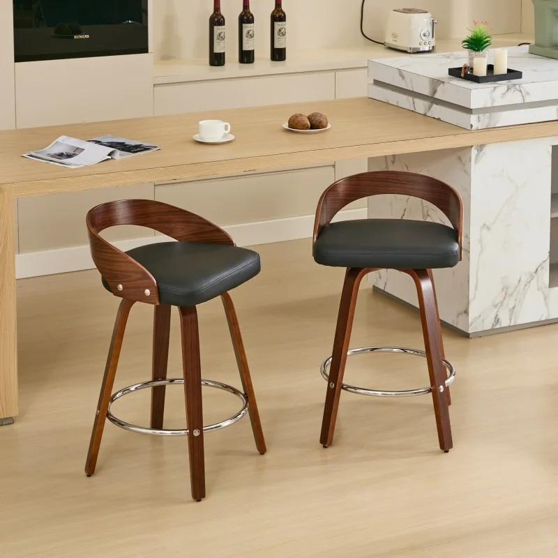 Set Of 2 Swivel Stools Low Back Wood Bar Chairs With Soft Cushion Seat 25-Inch Seat Height Black 25
