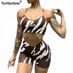 Women's two-pieces Sports Suit Thin Strap Bras and High Waist Shorts Zebra Pattern Wolf Print Tight Slim Fitness Yoga Clothing