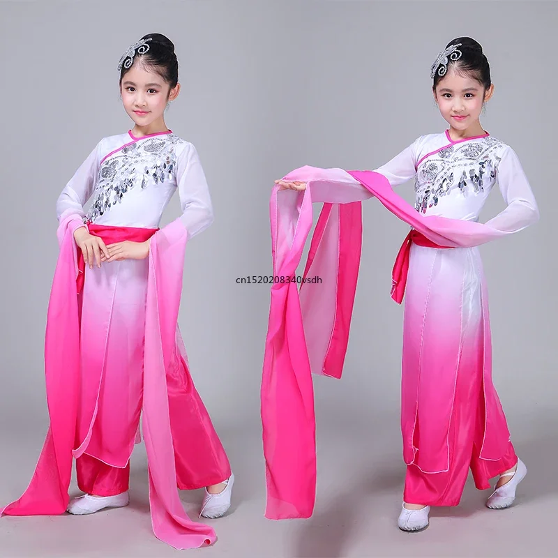 Children's classical Chinese costumes Yangko dance costumes umbrella  fan dance Chinese style sleeves girls practice clothing