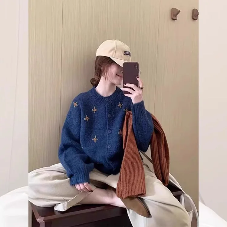 Harajuku Navy Blue Floral Embroidered Knit Cardigan O-neck Button-down Loose Sweater For Women Casual Autumn Winter Warm Inner