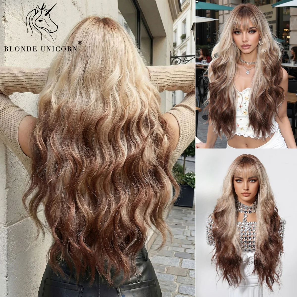 

Blonde Unicorn Long Wavy Synthetic Wig for Women Blonde Brown Ombre with Bang Dark Tip Heat Resistant Hair Daily Party Cosplay