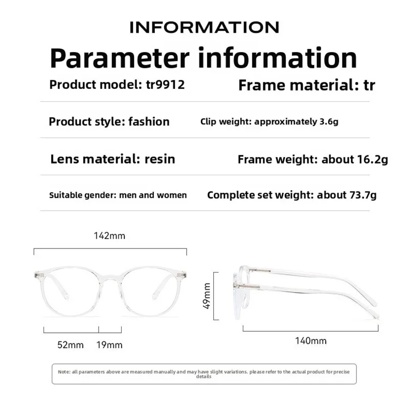 9912TR 6 In 1 Myopia Sunglasses Transparent Frame Clip Magnet Classic Style Glasses Custom Optical Eyewear Frame -0.5 to-10