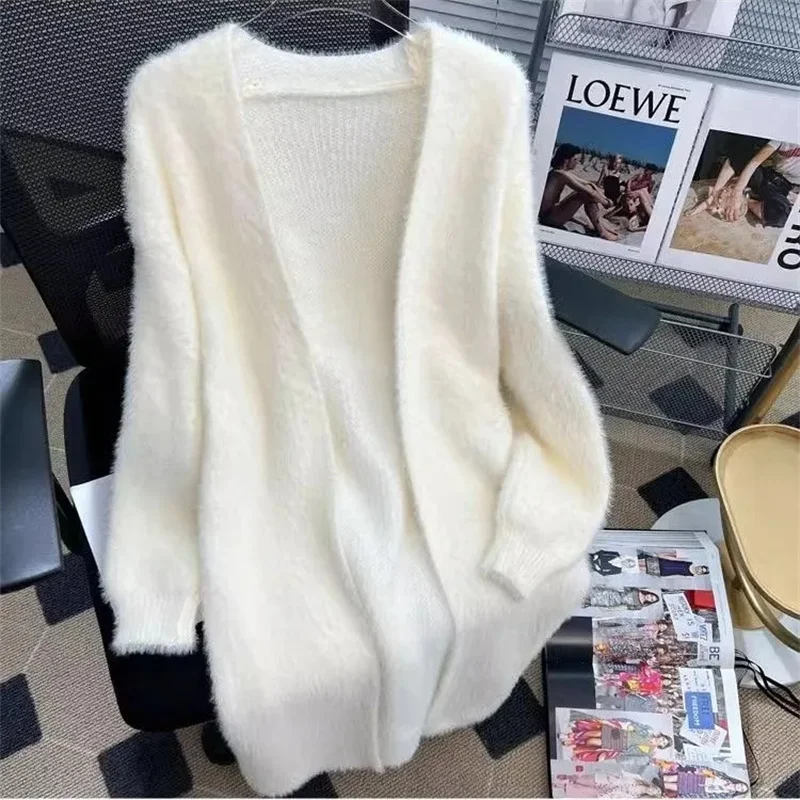 Lazy Style Sweater Cardigan Jacket Women Autumn Winter Loose Outer Layer Knitted Coat Mid Length Over Knee Soft Mink Fur Coats