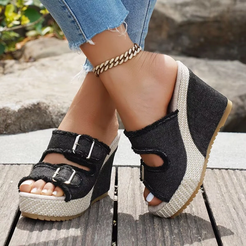 New Wedges bottom Women Sandals Summer Straw Weaving Thick Sole Denim Slippers Fashion Casual Double Buckle Strap Slides view 3