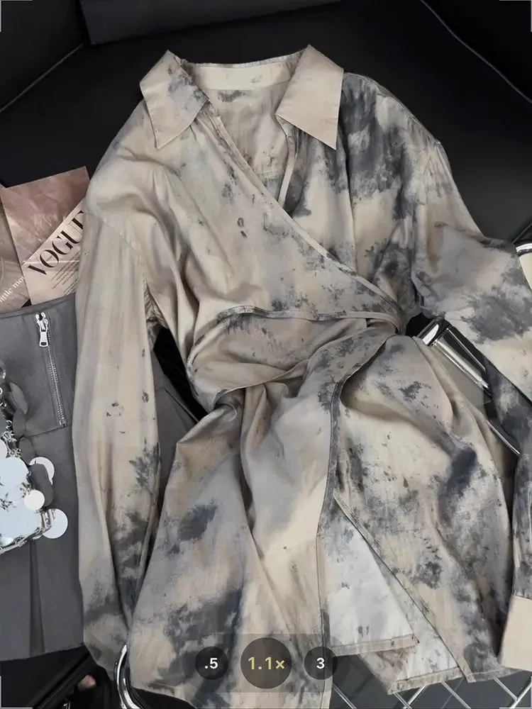 Corbata única otoño nuevo estilo elegante Top teñido con tinta Vintage camisa de mujer de longitud media