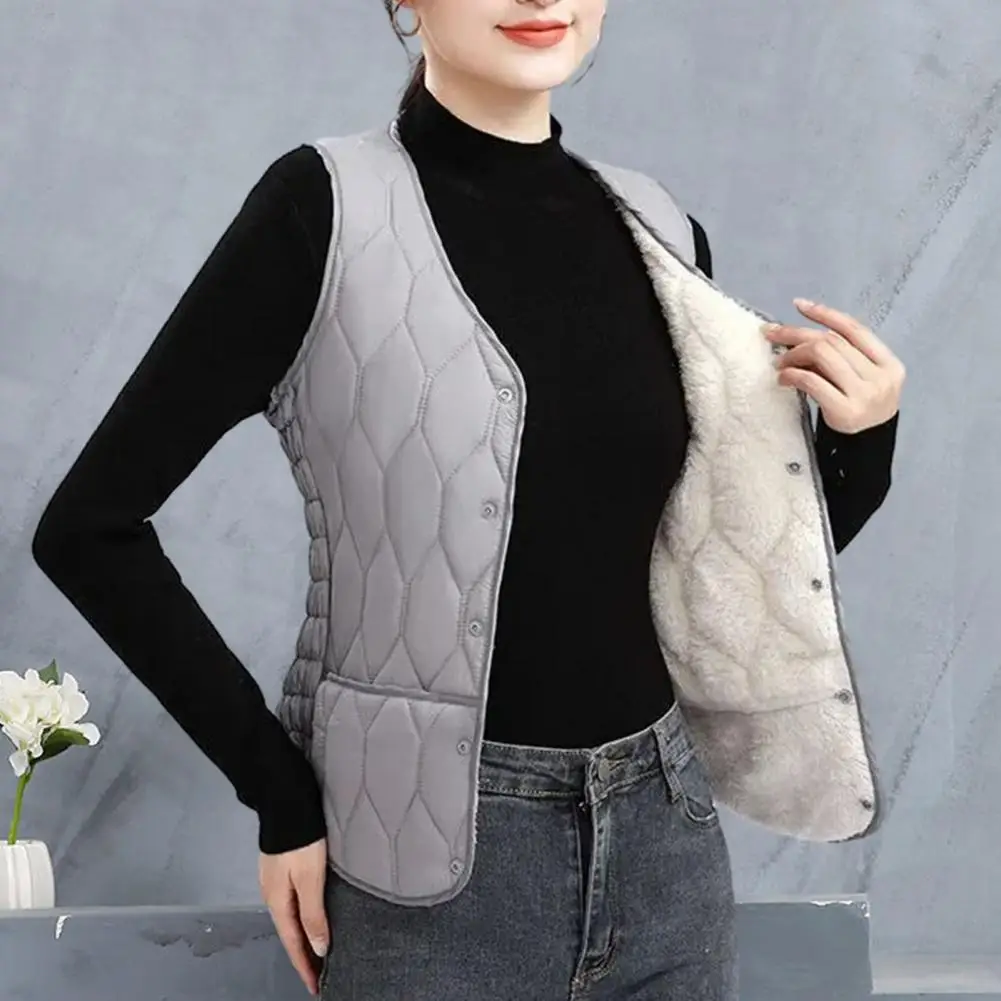 Winter Dames Vest Jas Effen Kleur Gewatteerd Pluche Casual Gilet Casual V-Hals Zakken Single-Breasted Thermisch Vest Jack