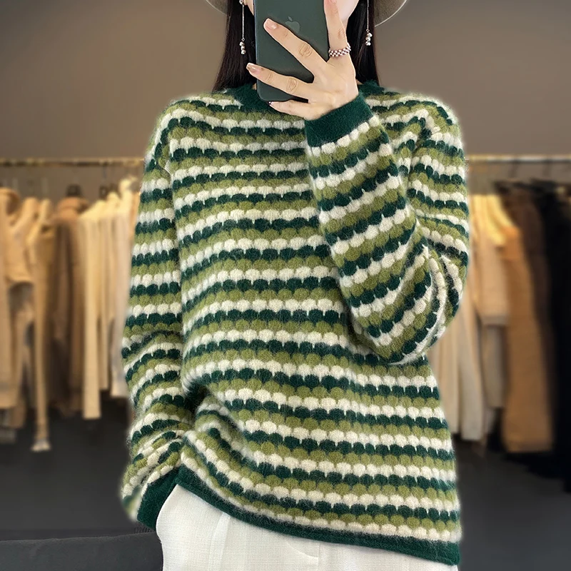 2023 Mink Fleece Women's Round Neck New Stripe Contrast Knitted Pullover Design Sense Fashion Thickened Loose Autumn/Winter Top