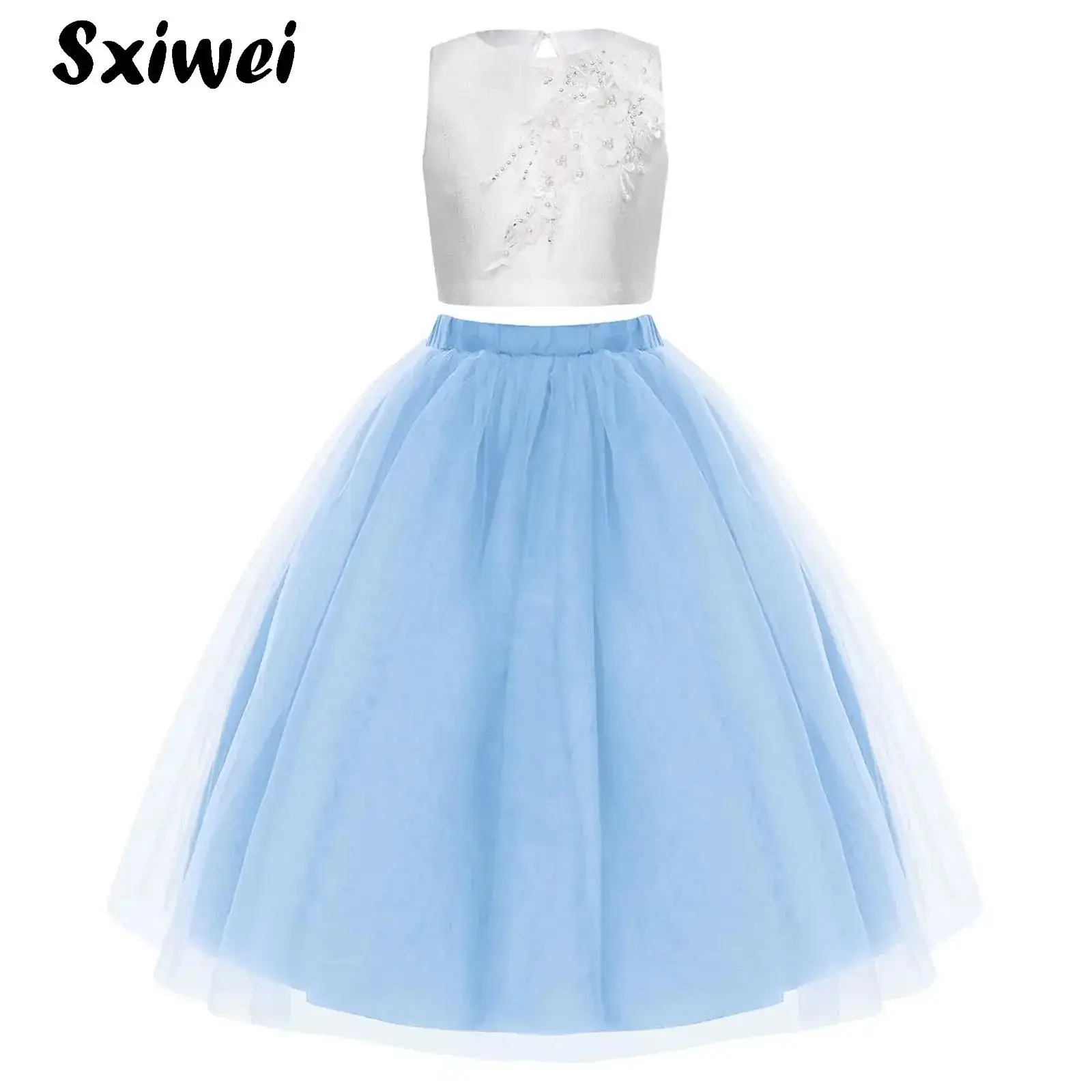 

Girls Princess Dress Flower Kid Party Ball Gown Wedding Tulle Dresses Bridesmaid Birthday Satin Tank Top with Long Skirt Outfits