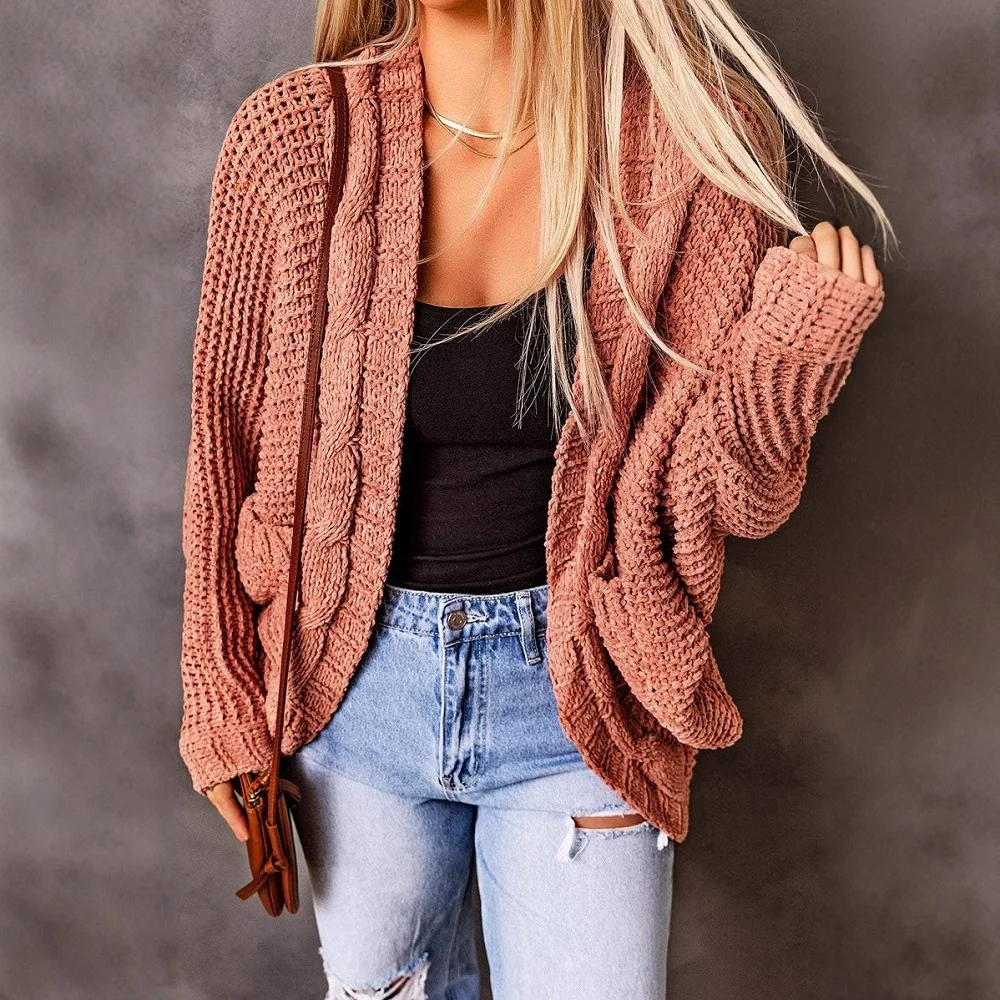 女性秋冬ニットカーディガンセーターコートレディースバットウィングスリーブニットウェアジャケット