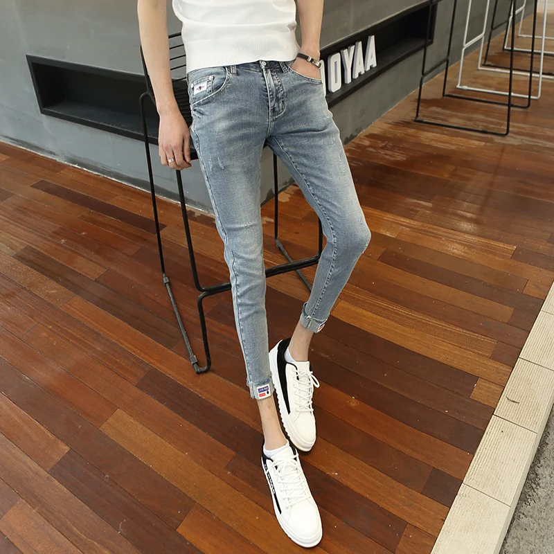 

Slim Fit Jeans Men's 26 Size Small 55 ort Stature Faionable Light Colored Low Waist Nine Points Pencil Jeans Casual Cotton