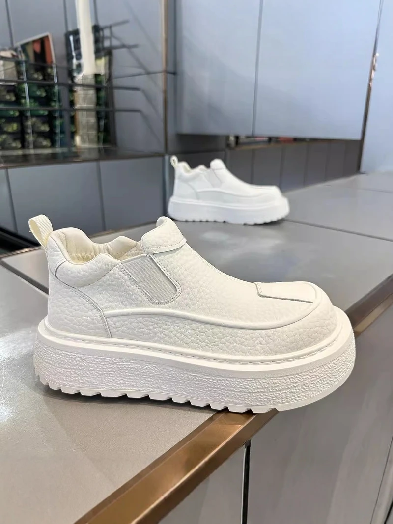 

High-Top Men's Boots Winter Sports Thick Bottom Heightening Anti-Slip Pure White Board Shoes PU Ultra-Leather