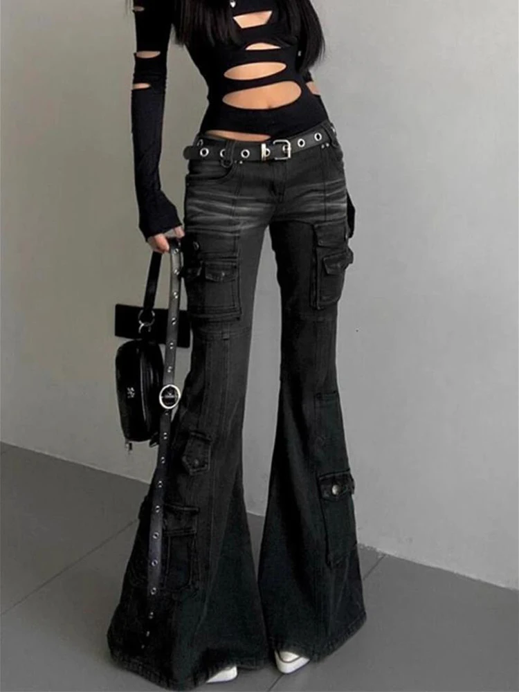 

Black Low Waist Cargo Jeans 2000s Distressed Whiskers Multi-pocket Stretch Bootcut Pants Women Retro Grunge Streetwear