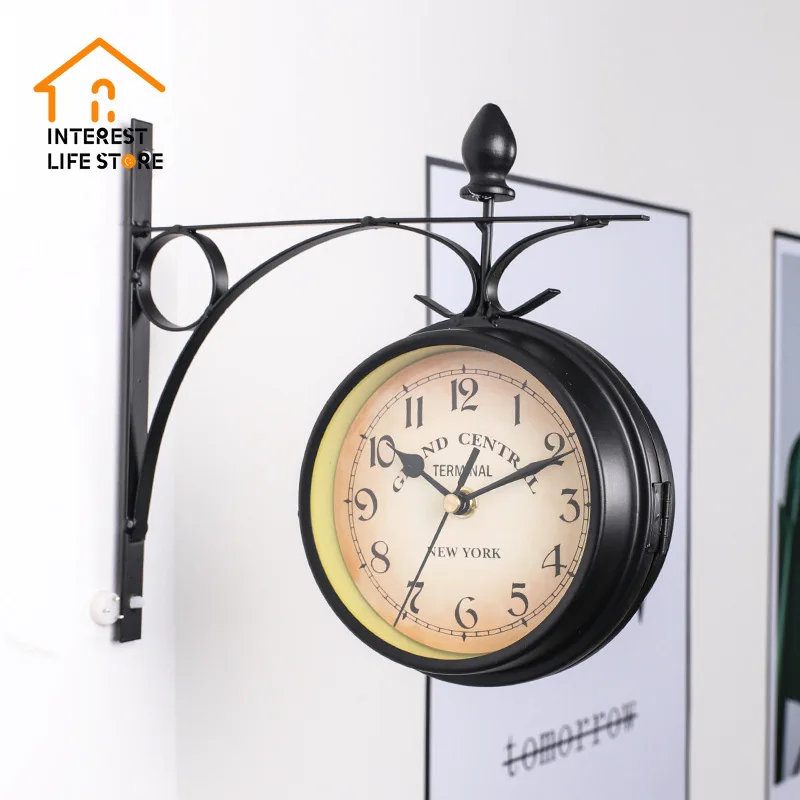 

New Retro Wrought Iron Antique-Look Round Wall Hanging Double Sided Faces Station Clock Chandelier Wall Hanging Clock Home Decor