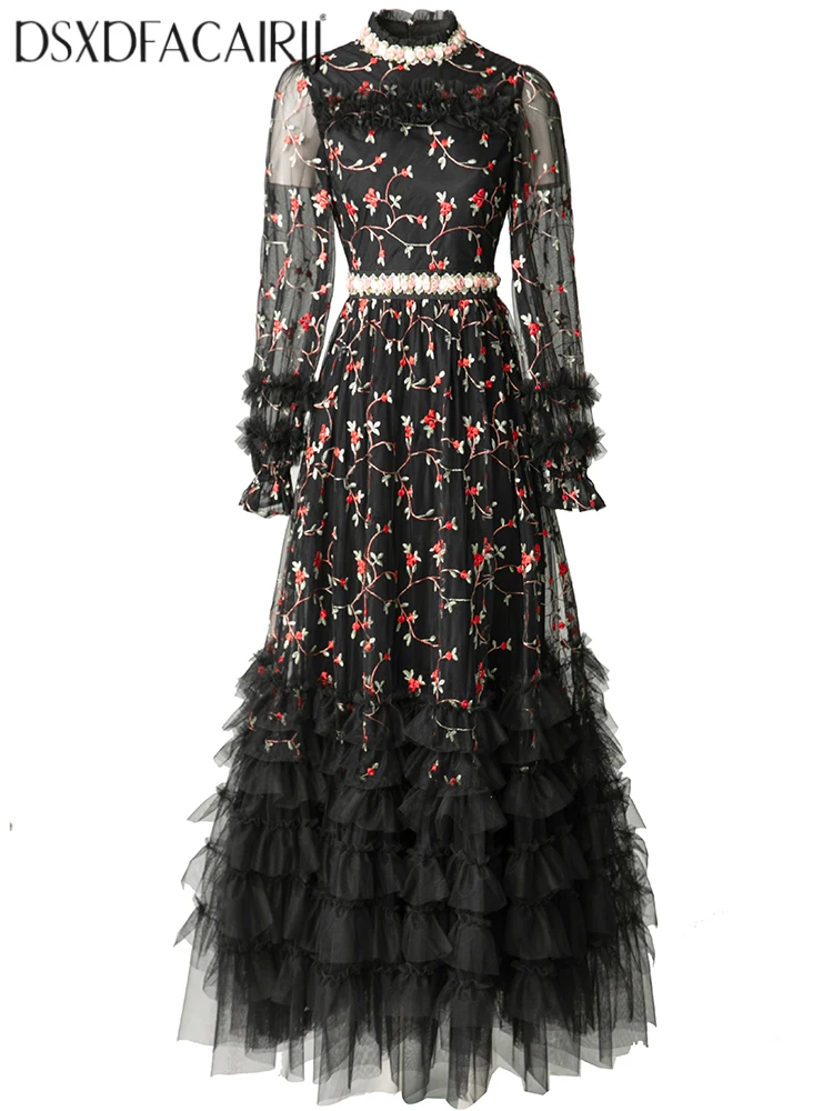 DSFACAIRIJ Women's Vintage Floral Embroidery Maxi Dress Stand Collar Lantern Sleeve Ruffles Appliques Mesh Autumn Female