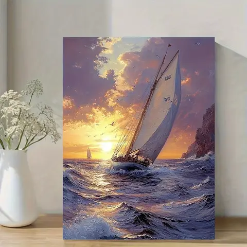 [2D Flat] Sunset Voyage Sailing Ship Canvas Painting 11.8x15.7inch - High-Definition Wooden Framed Art, 3D Spatial Design for Li