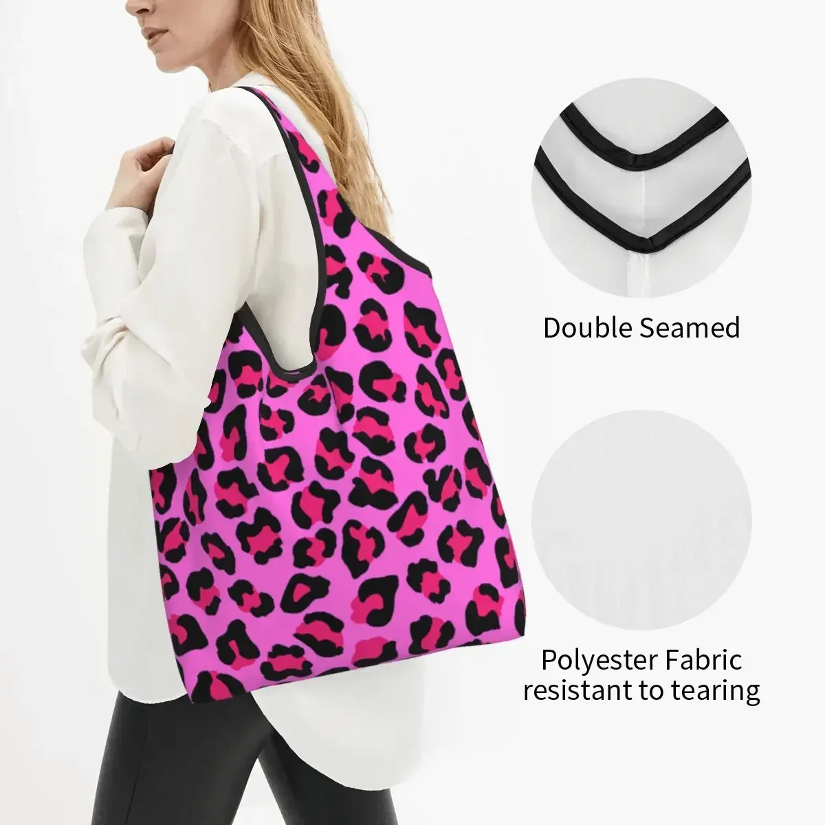 Cute Leopard Cheetah Seamless Pattern Shopping Tote Bag Portable Animal Skin Print Spots Groceries Shopper Shoulder Bag