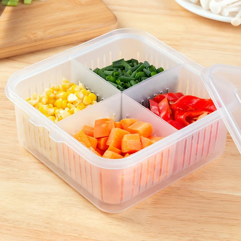 Refrigerator Storage Box 4 Grid Food Vegetable Fruit Storage Box Fridge Organizer Drain Basket Meat Onion Ginger Clear Crisper