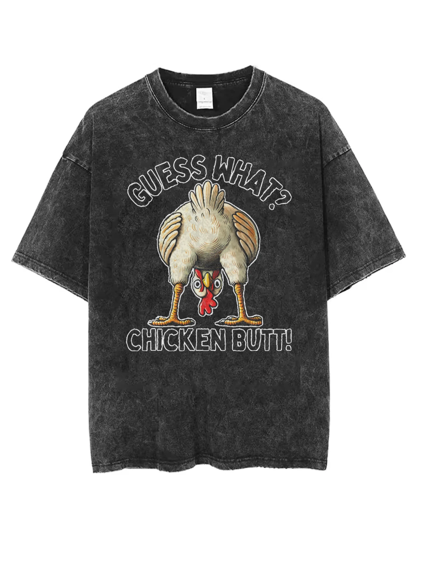 

guess what chicken but Black Washed Round Neck T-Shirt Comfortable Loose Fit for Men Women Great for Winter Christmas