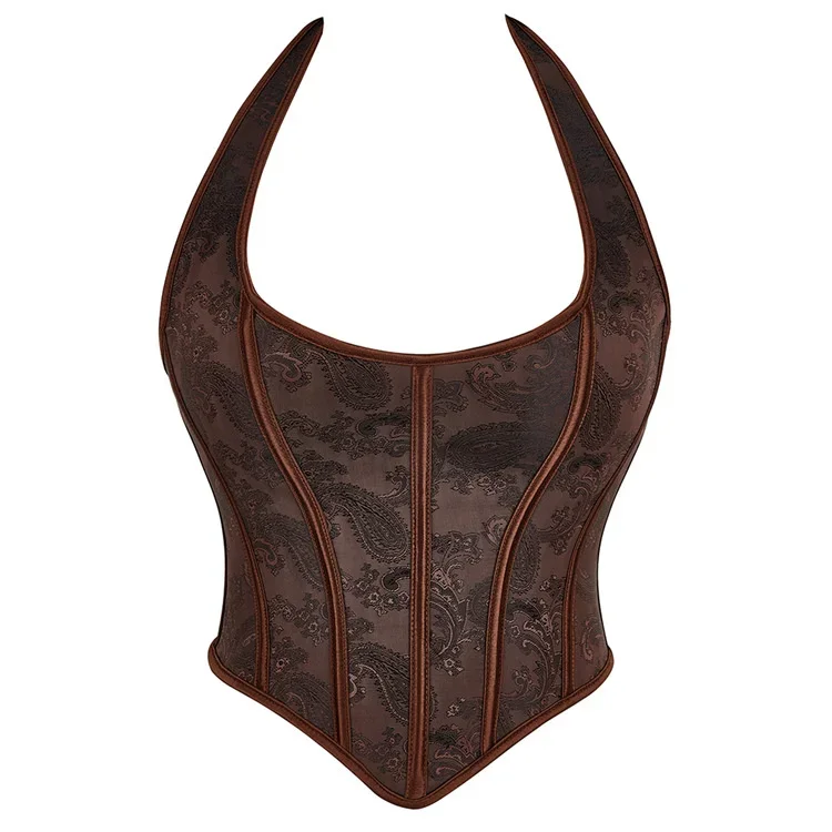 

Jacquard Embroidery Corset Crop Top Lace Up Straps Overbust Women Steampunk Gothic Bustiers Brown