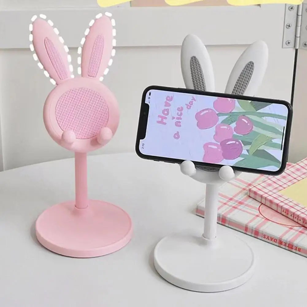 حامل هاتف لطيف بارتفاع قابل للتعديل، حامل هاتف لوحي كرتوني مع قاعدة ثابتة، تصميم أذن أرنب لسطح المكتب للهواتف