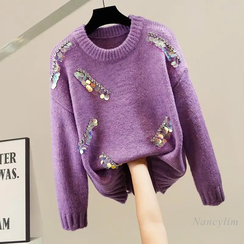 

Fashion Purple Sweater Women Heavy Industry Sequin Decorative Crew Neck Temperament Knitwear Pullover Top Winter 2025