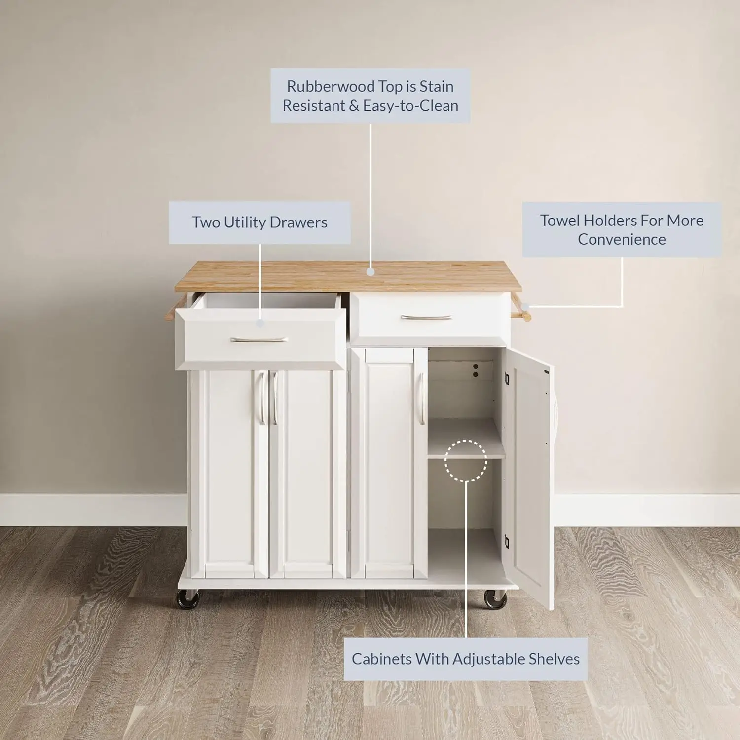 عربة جزيرة المطبخ المتدحرجة مع مساحة تخزين، درجين، رف مناشف، سطح خشبي مطاطي أبيض، 41.7 بوصة طول × 18.5 بوصة عرض × 37 بوصة ارتفاع #6