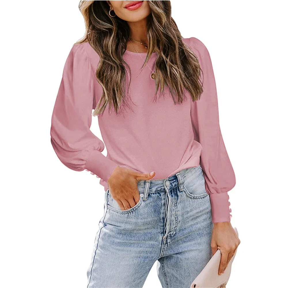 

2022 Autumn Solid Color Casual Women T-Shirts Puff Long Sleeve Elegant Loose Ladies Tops O-Neck Street T-Shirt Pullover Female