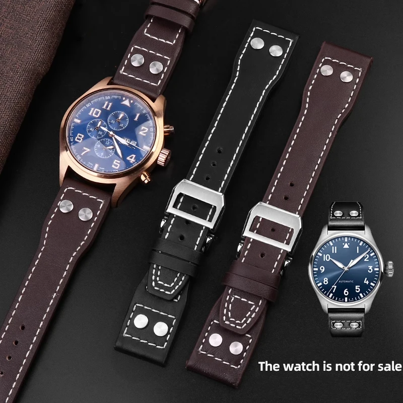 21 22mm Bracelet Retro Genuine Leather Rivets strap For IWC Big Pilot Spitfire Mark18 Vintage Brown Black Blue Cowhide Watchband
