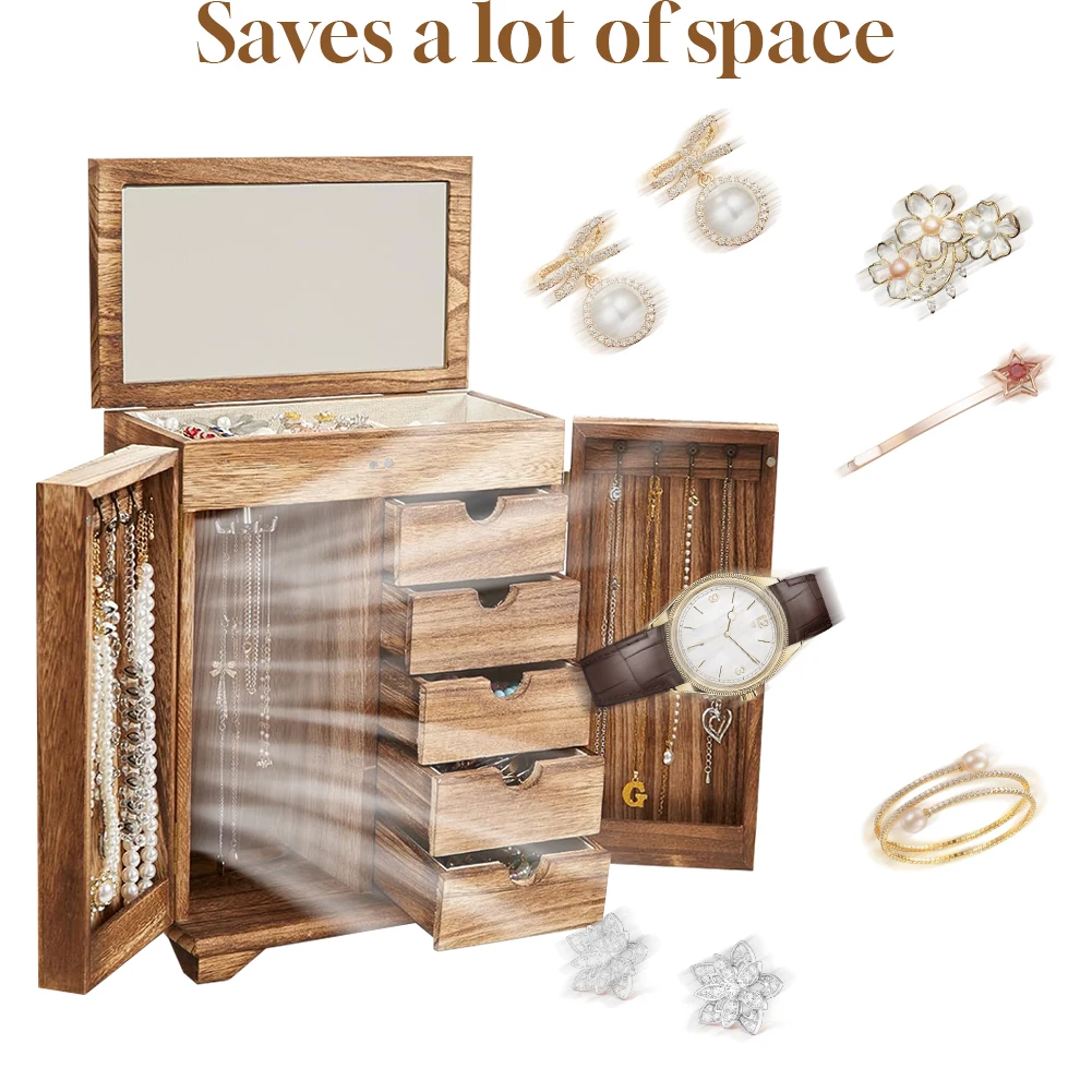 

Wood Jewelry Box Large Jewelry Organizer Box 5 Layer Jewelry Holder with Drawers & Mirror Jewelry Display Box for Dressing Table