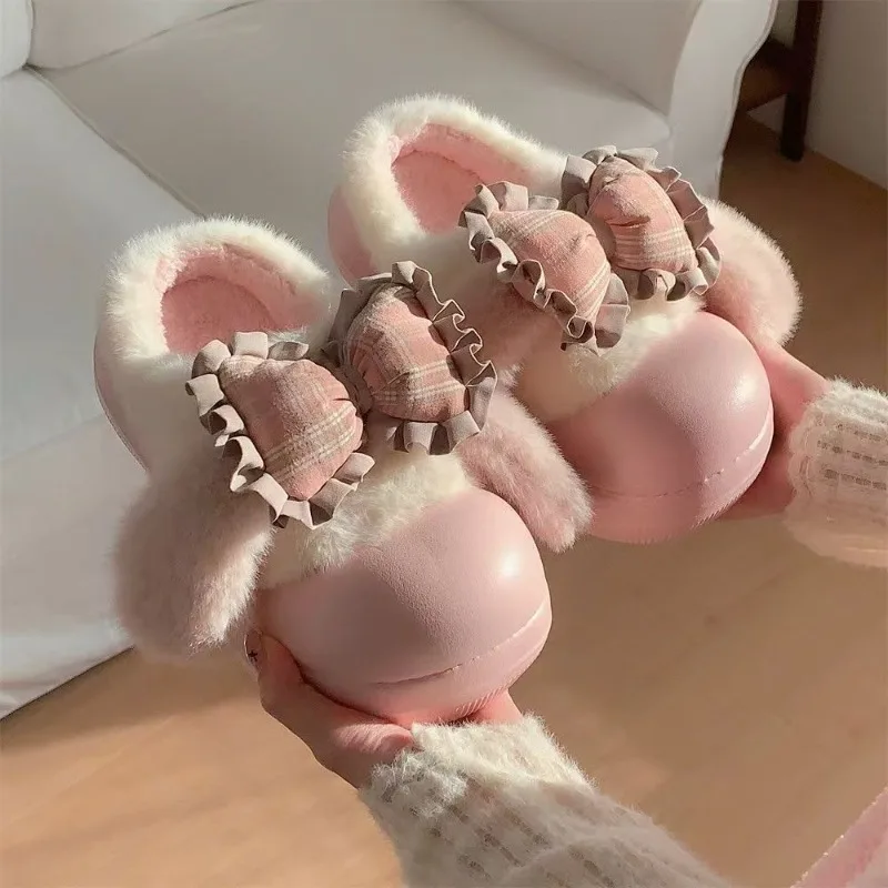 

2026 Winter Cute Big Eared Cotton Slippers with Wool Warmth Indoor Thick Bottom Waterproof Women's Cotton Shoes