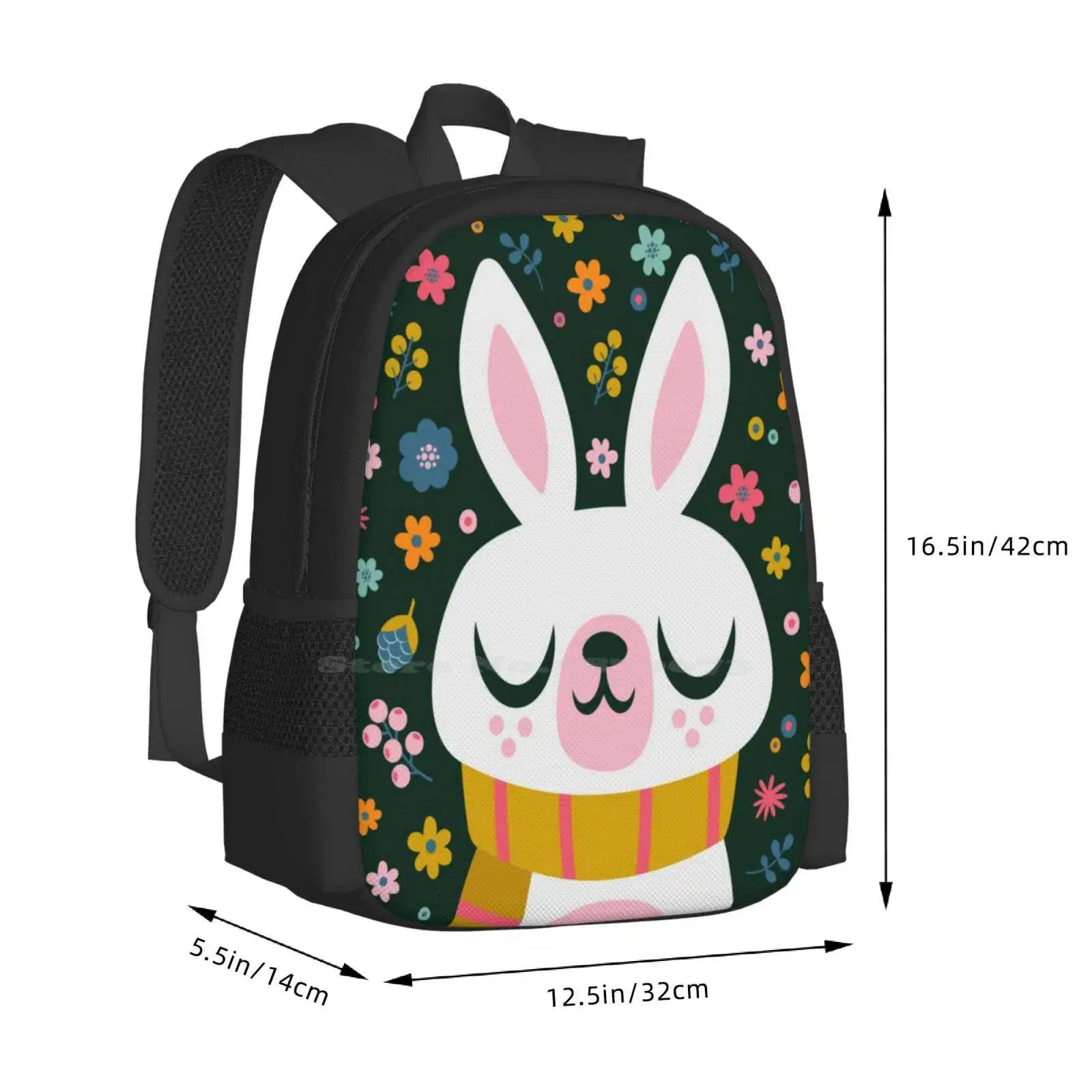 Bunny Wearing A Scarf And Flowers Backpacks For School Teenagers Girls Travel Bags Bunny Flowers Floral Smile Sweet Rabbit Cute