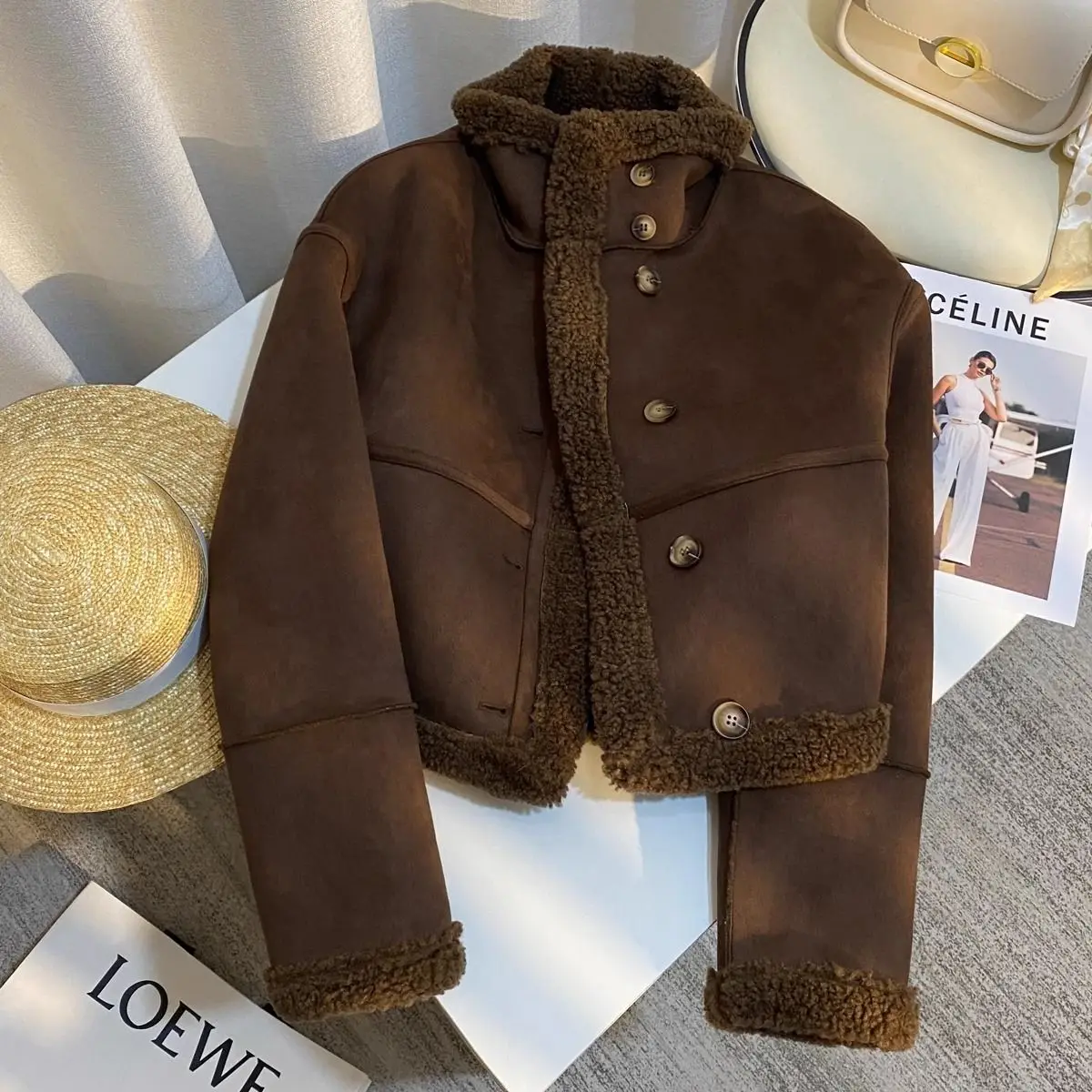 Deep Brown Fur-Lined Vintage Versatile Fleece Short Coat for Women Female Office Lady 2023 Winter Fashion Top High Quality Sweet