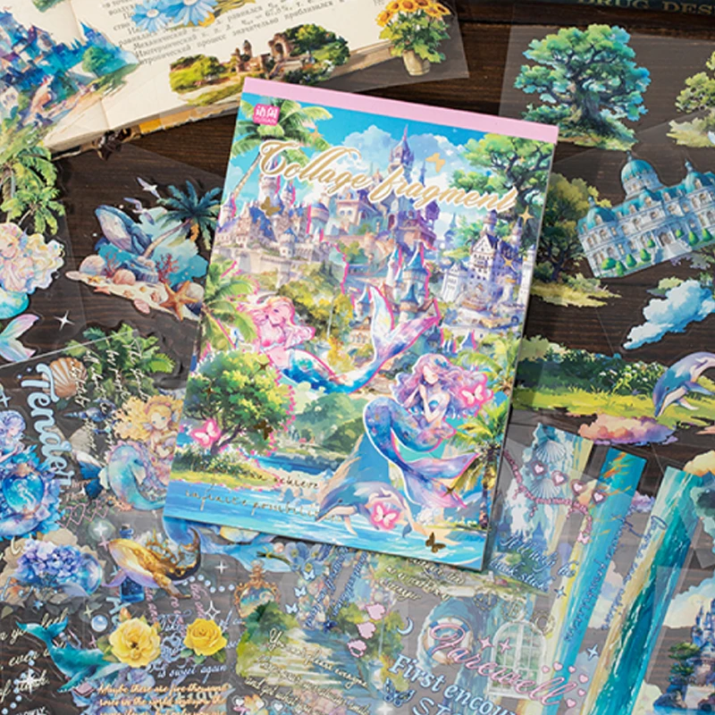 Mr Paper 20Pcs/book Collage Pieces PET Light Vintage Double Translucent Sticker Book Creative Stationery Stickers DIY Handbook