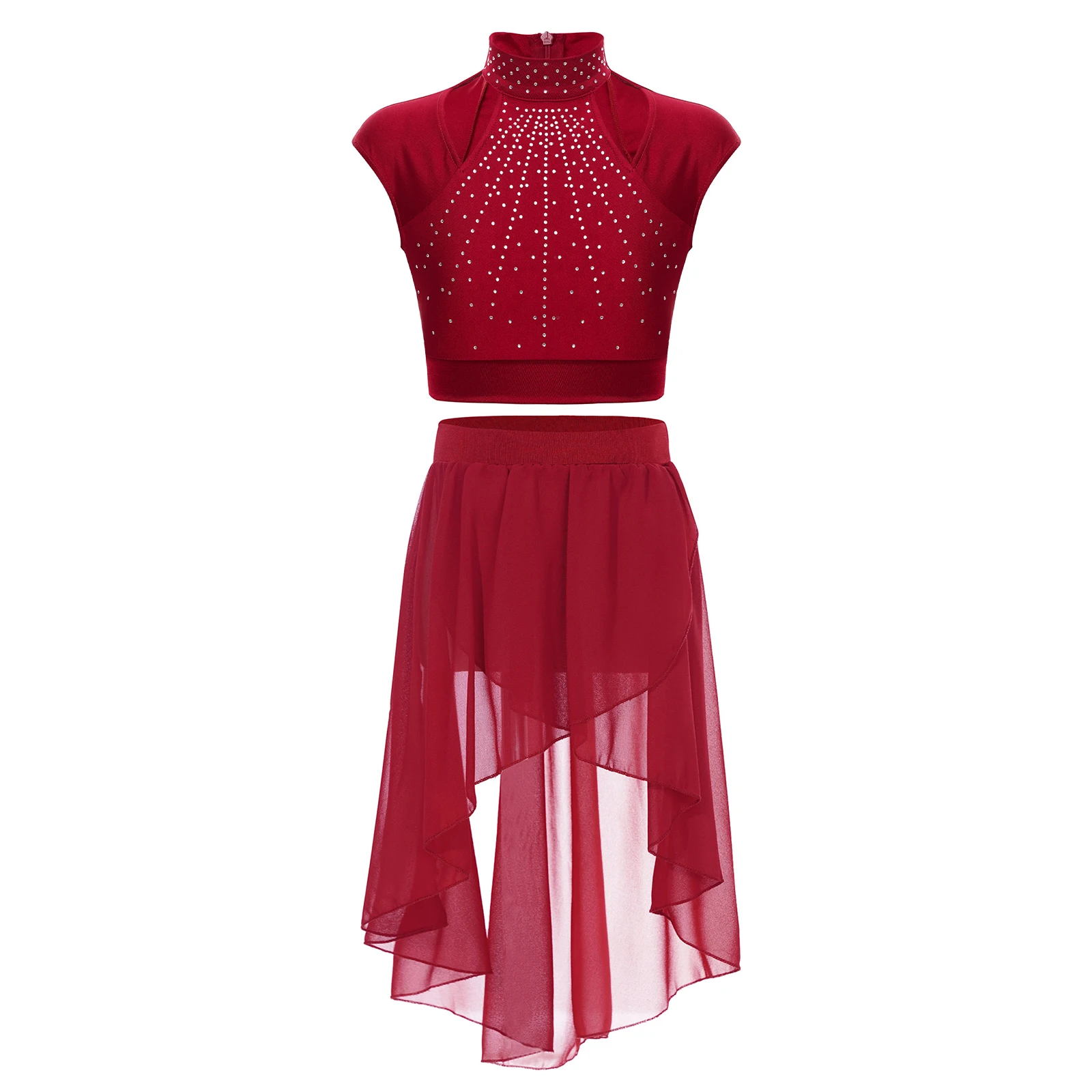 Dziecięca dziewczyna nowoczesna liryczna sukienka do tańca bez rękawów Rhinestone łyżwiarstwo krótki top z przezroczystą szyfonową spódnicą Tutu do gimnastyki baletowej