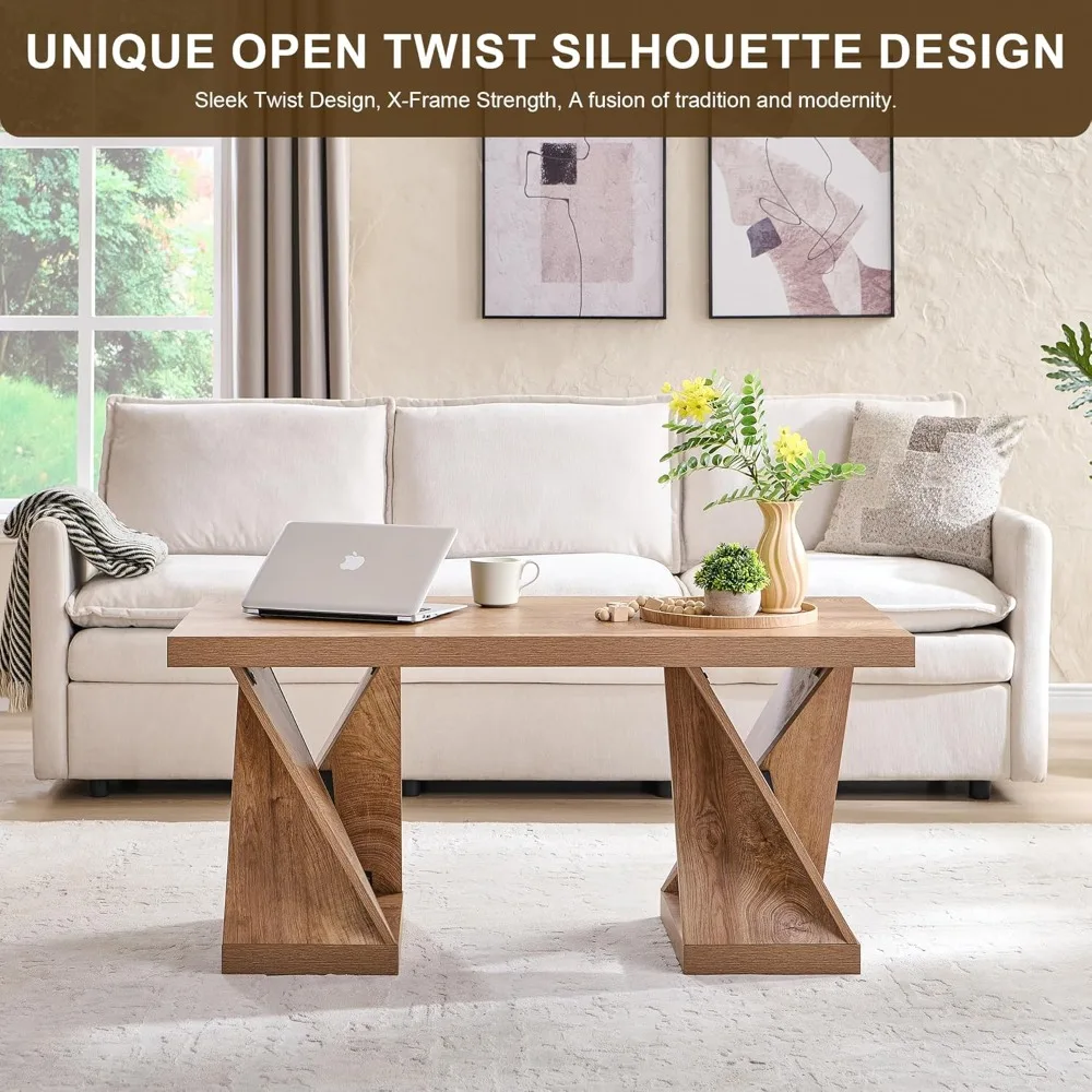 Coffee Table, 48 Twisted Center Table with Wood Thickened Pedestal, Rectangular Rustic Living Room Table, Farmhouse S